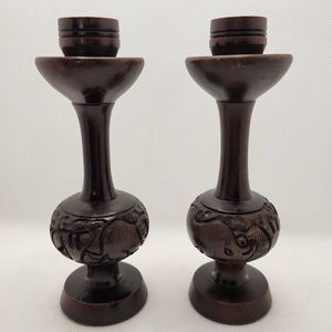 Wooden Candlestick Holders Hand Carved African Wood Art Set of 2